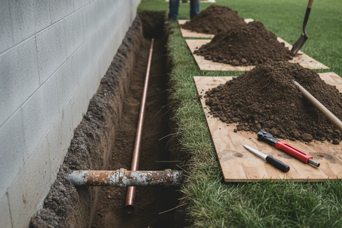 Excavated water line trench during Sewer Line Repair in Thorp